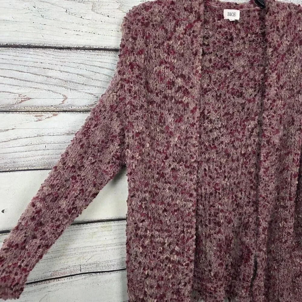 BKE Burgundy Open Knit Cardigan Women’s Medium Fringe Hem
